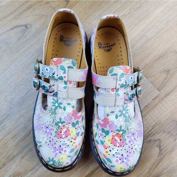 🩵NIB Dr. Martens Parchment Beige Floral Virginia Leather Mary Jane Size 8 - Picture 4 of 16
